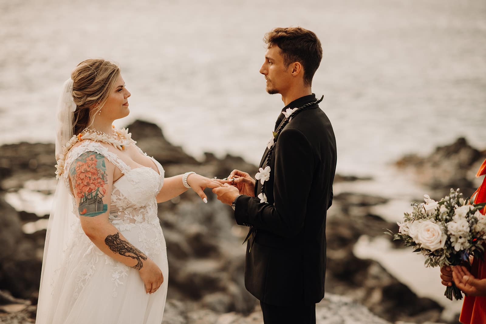 elopement day with classic white florals and romantic wedding dress