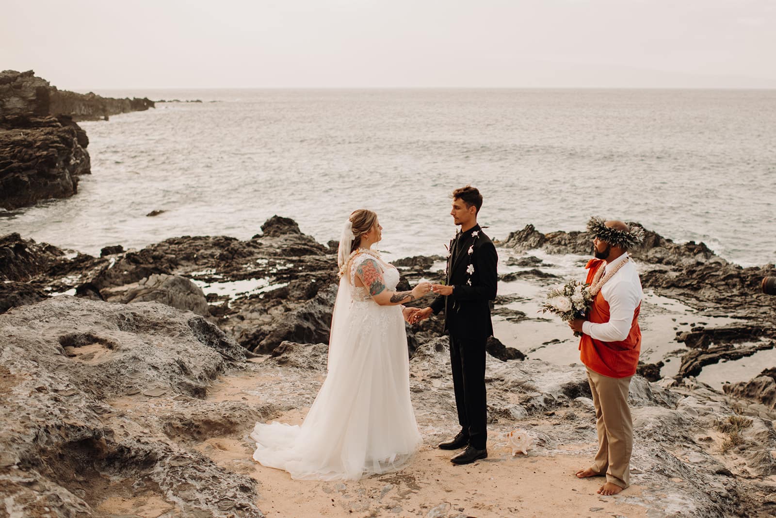 elopement day with classic white florals and romantic wedding dress