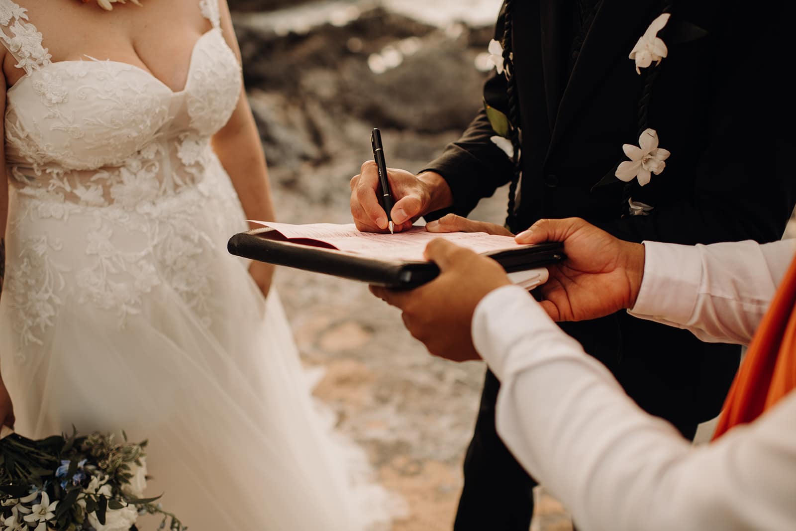 elopement day with classic white florals and romantic wedding dress
