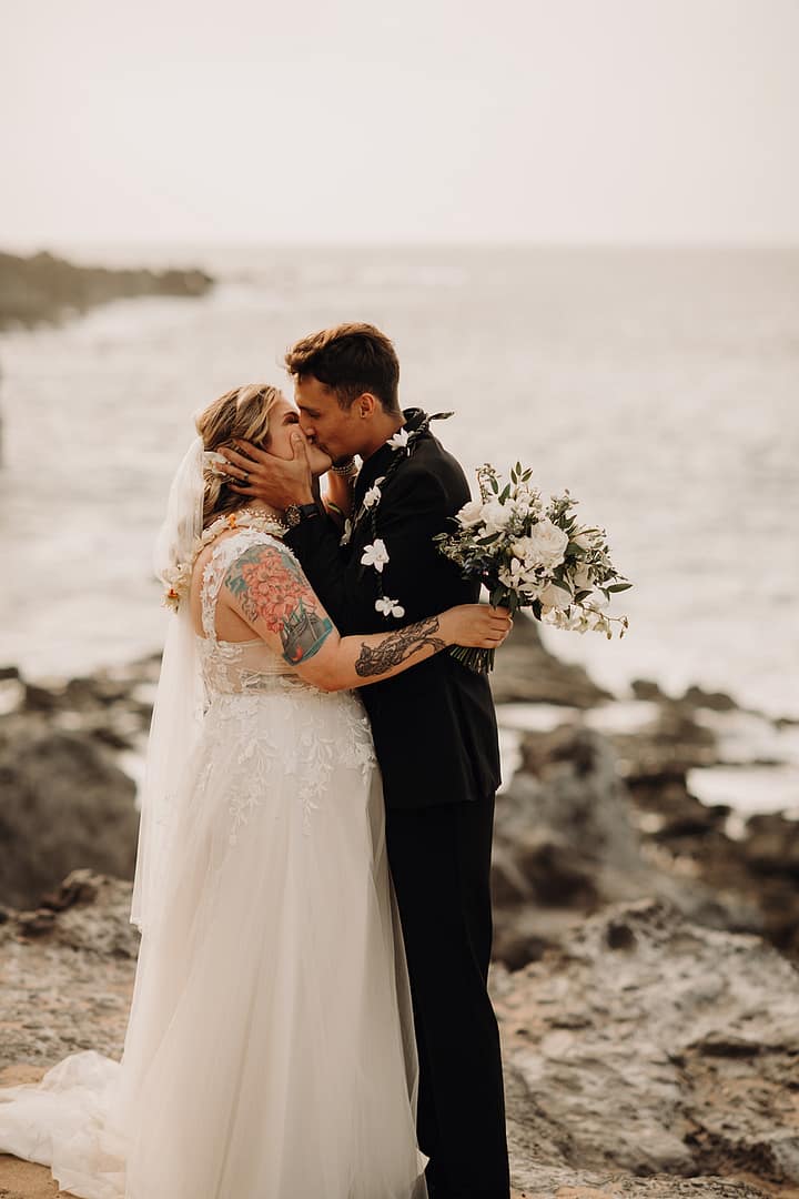 elopement day with classic white florals and romantic wedding dress